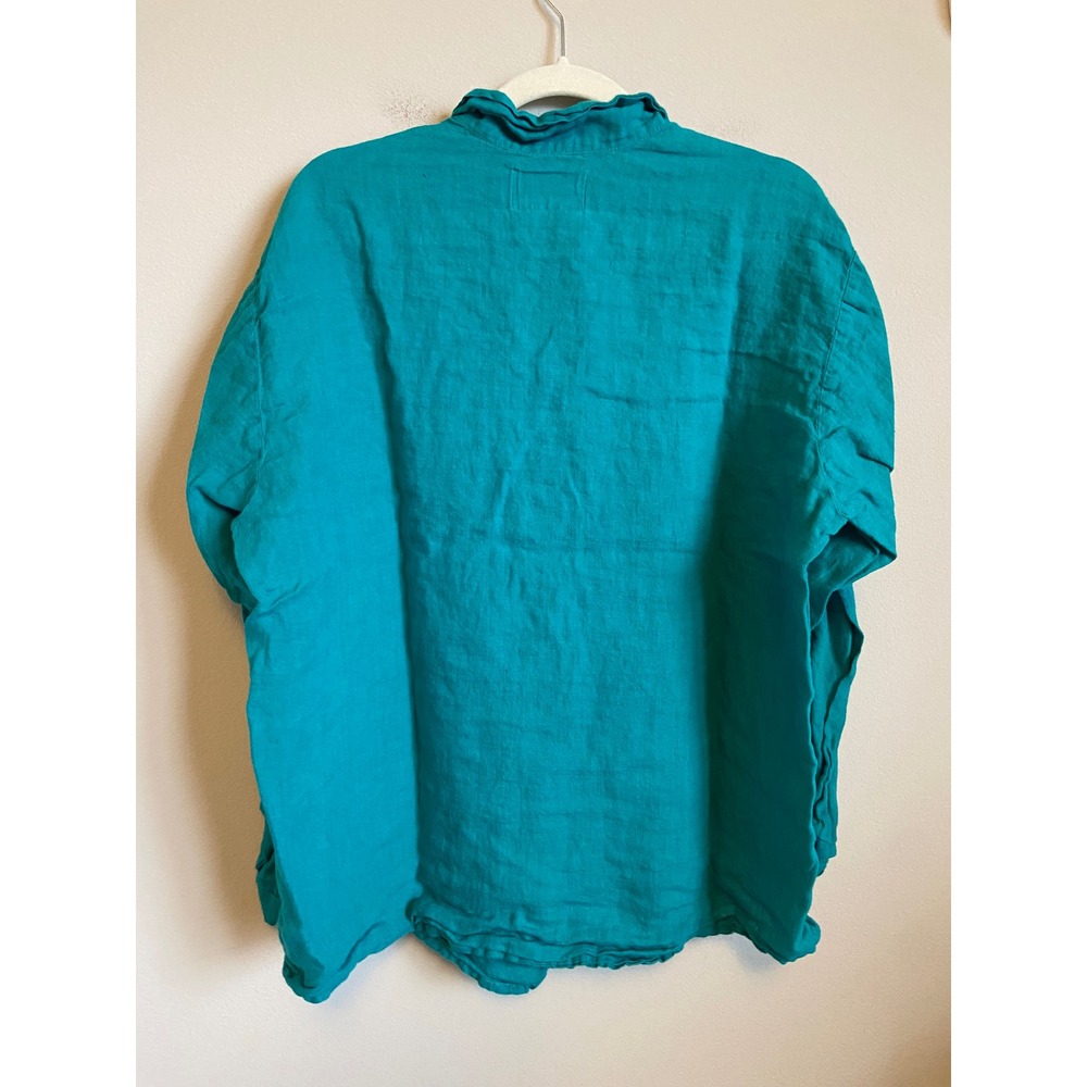 Flax 100% Linen Button Down Shirt Teal Green Long Sleeve Small Oversized 9207 - Picture 5 of 5